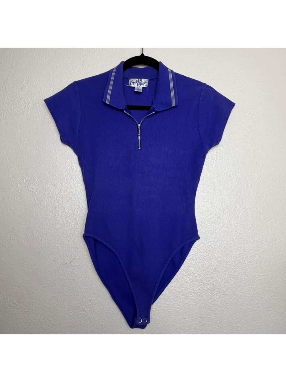 Vintage Betty Blue Purple Ribbed Polo Bodysuit With Zipper Front & Snap Closure
